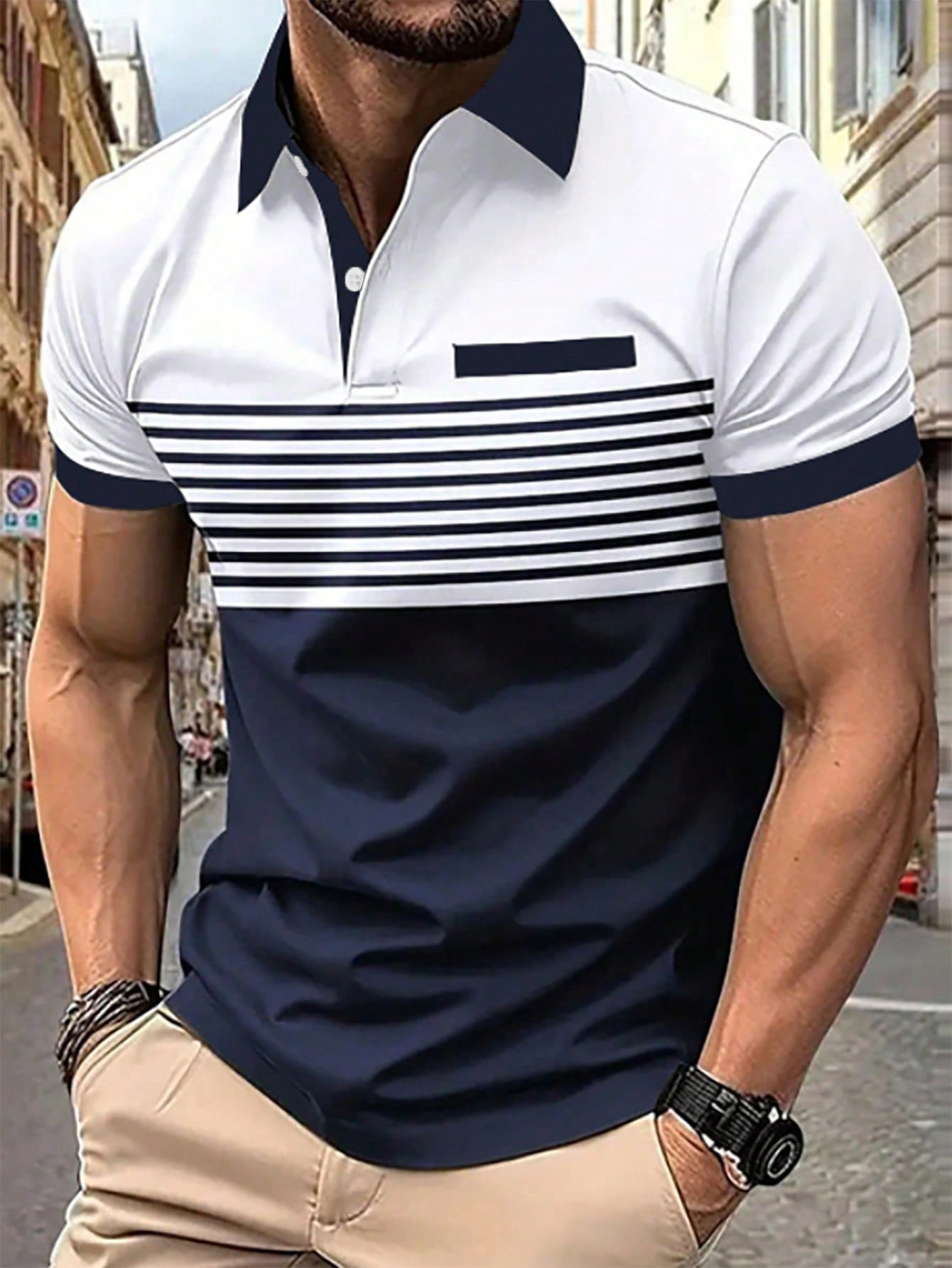 Men's Color Block Striped Polo Shirt