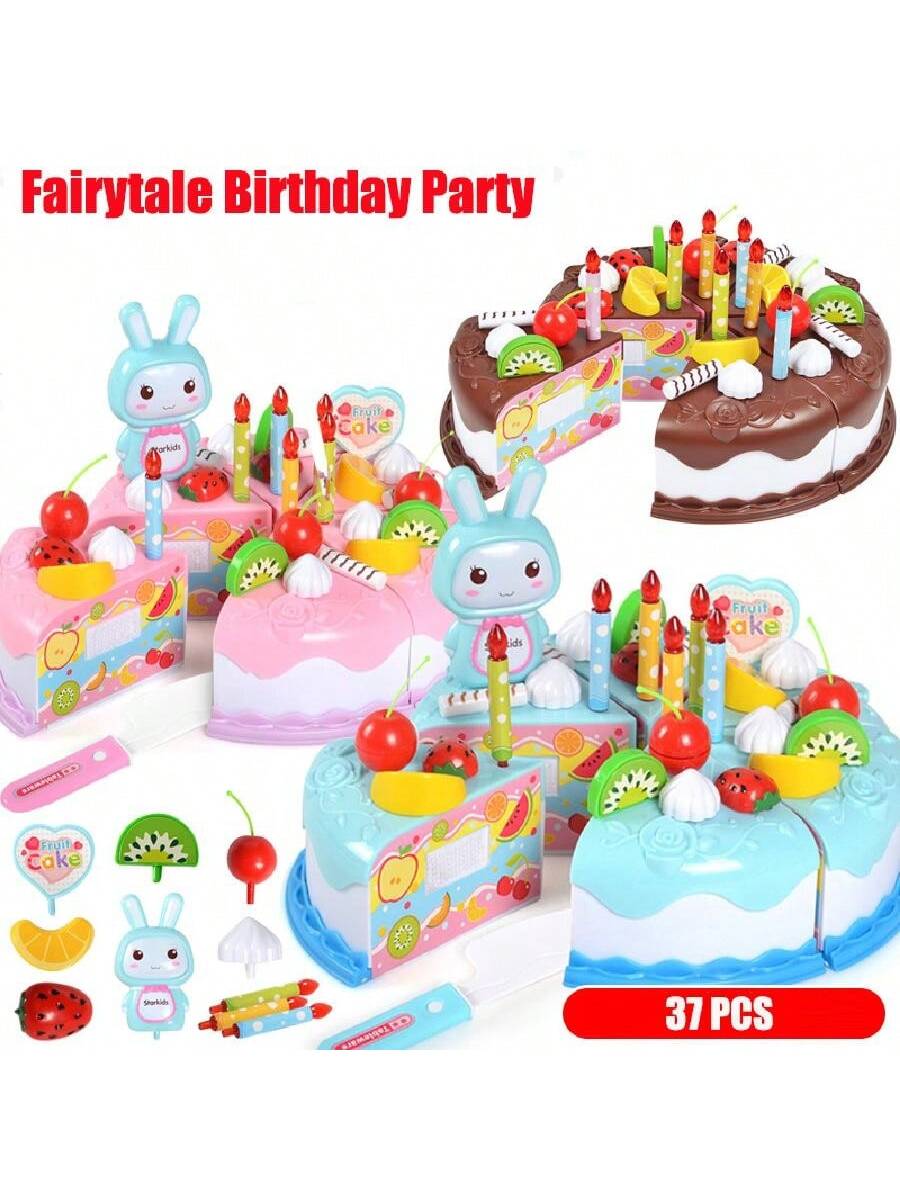 37Pcs Kids Toy Simulation DIY Birthday Cake Model Kitchen Pretend Play Cutting Fruit Food Toy For Toddler Children Gift