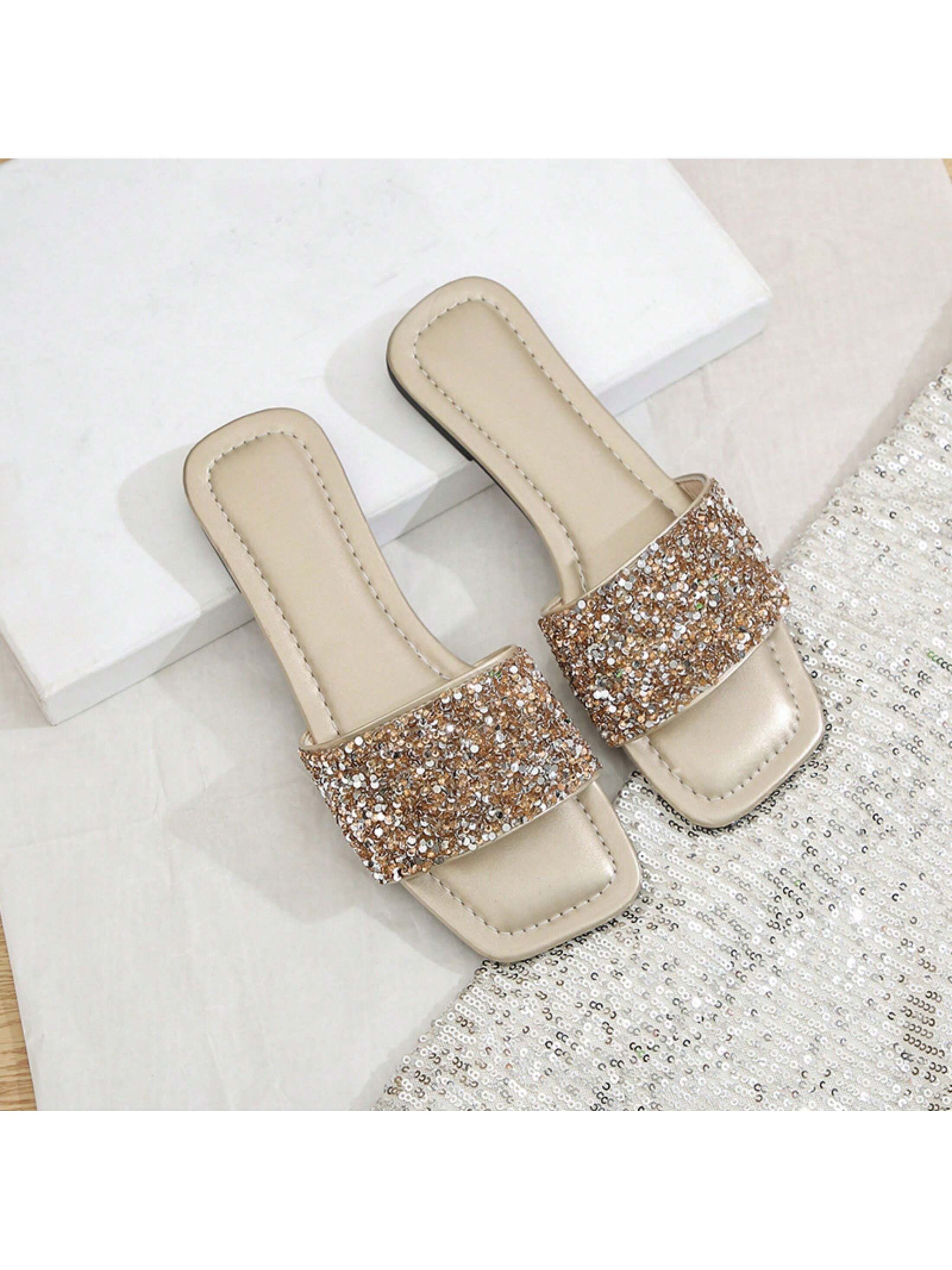 Women's Sandals Rhinestone Slide Glitter Bling Casual Sandal Flat Open Toe Sparkle Slides