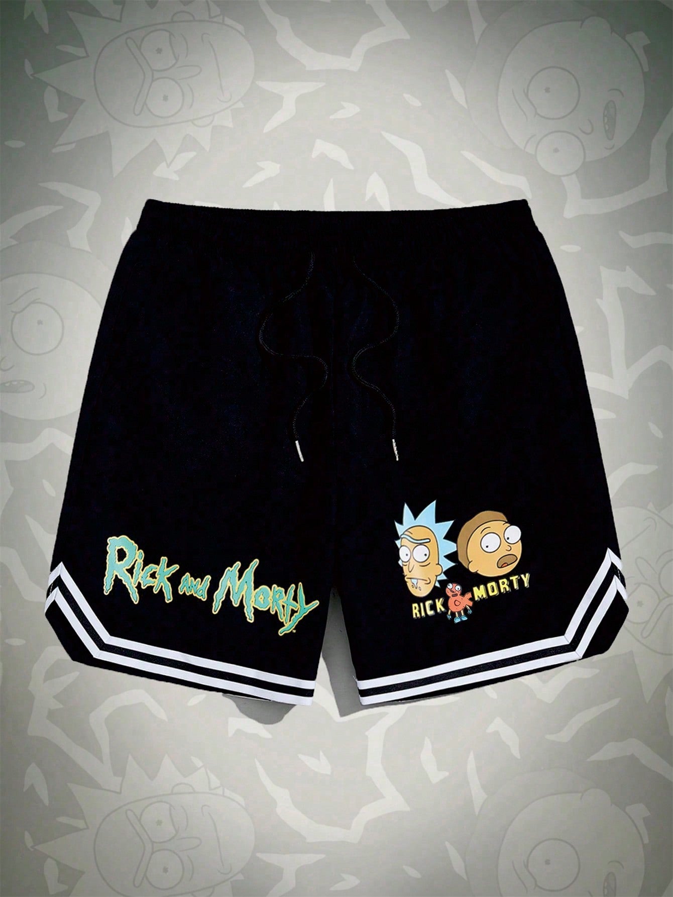 Rick and Morty | Men Cartoon & Letter Graphic Striped Trim Drawstring Waist Shorts, School