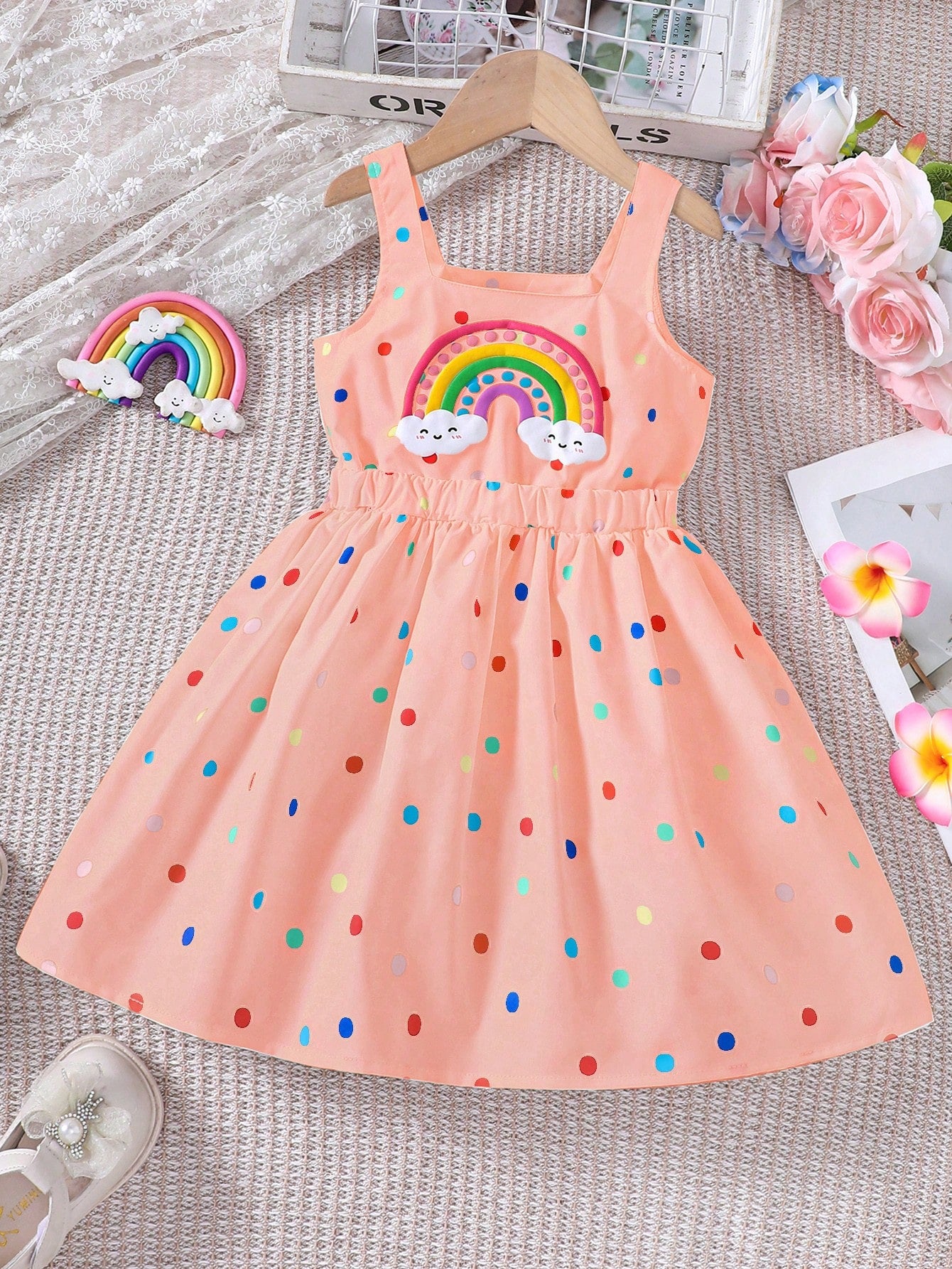 Young Girls' Cute Polka Dot & Rainbow Printed Casual Dress