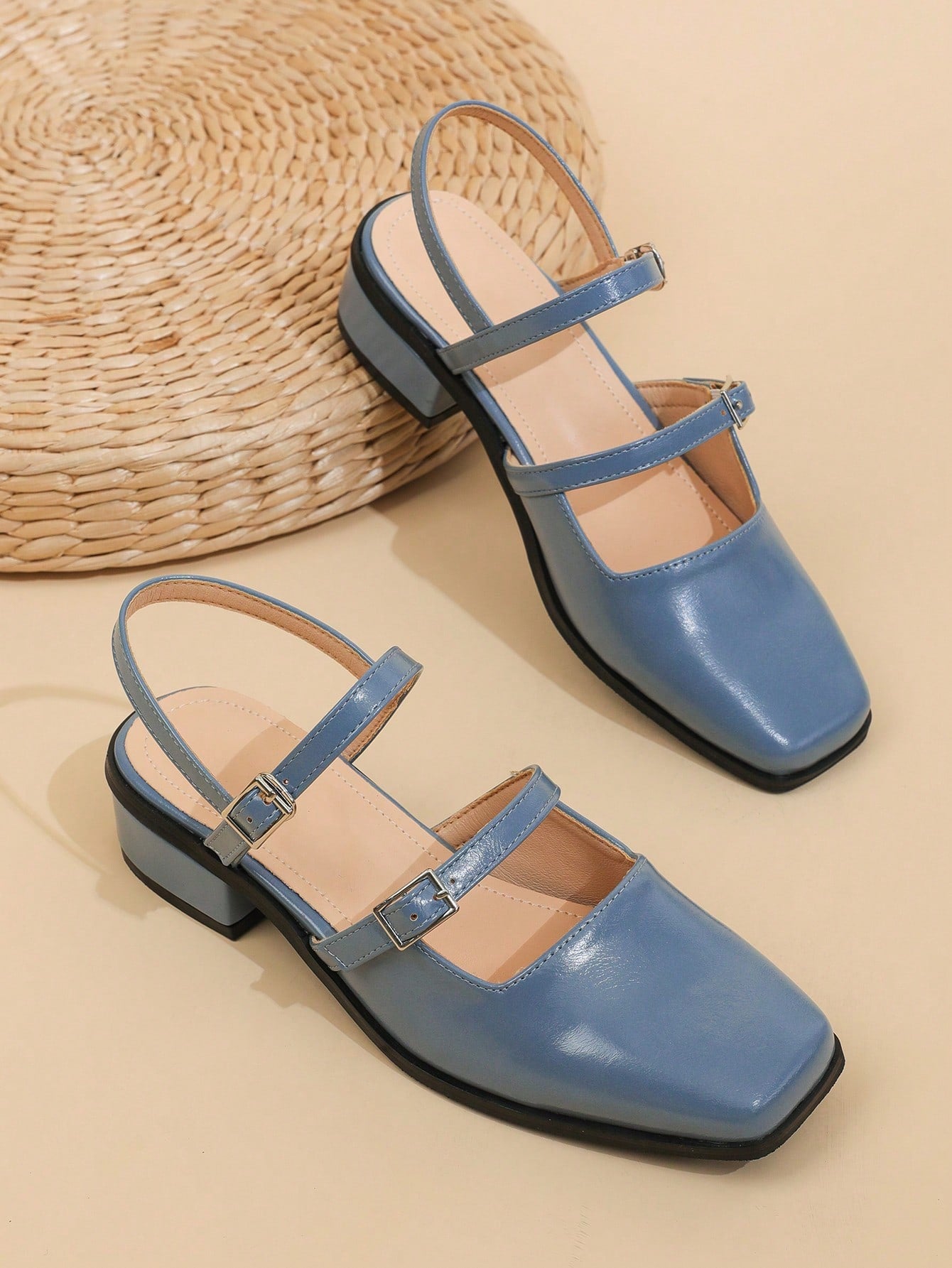 Square Toe Chunky Heel Mary Jane Shoes With Buckle Closure And Shallow Mouth, Fashionable High-Heels For Women