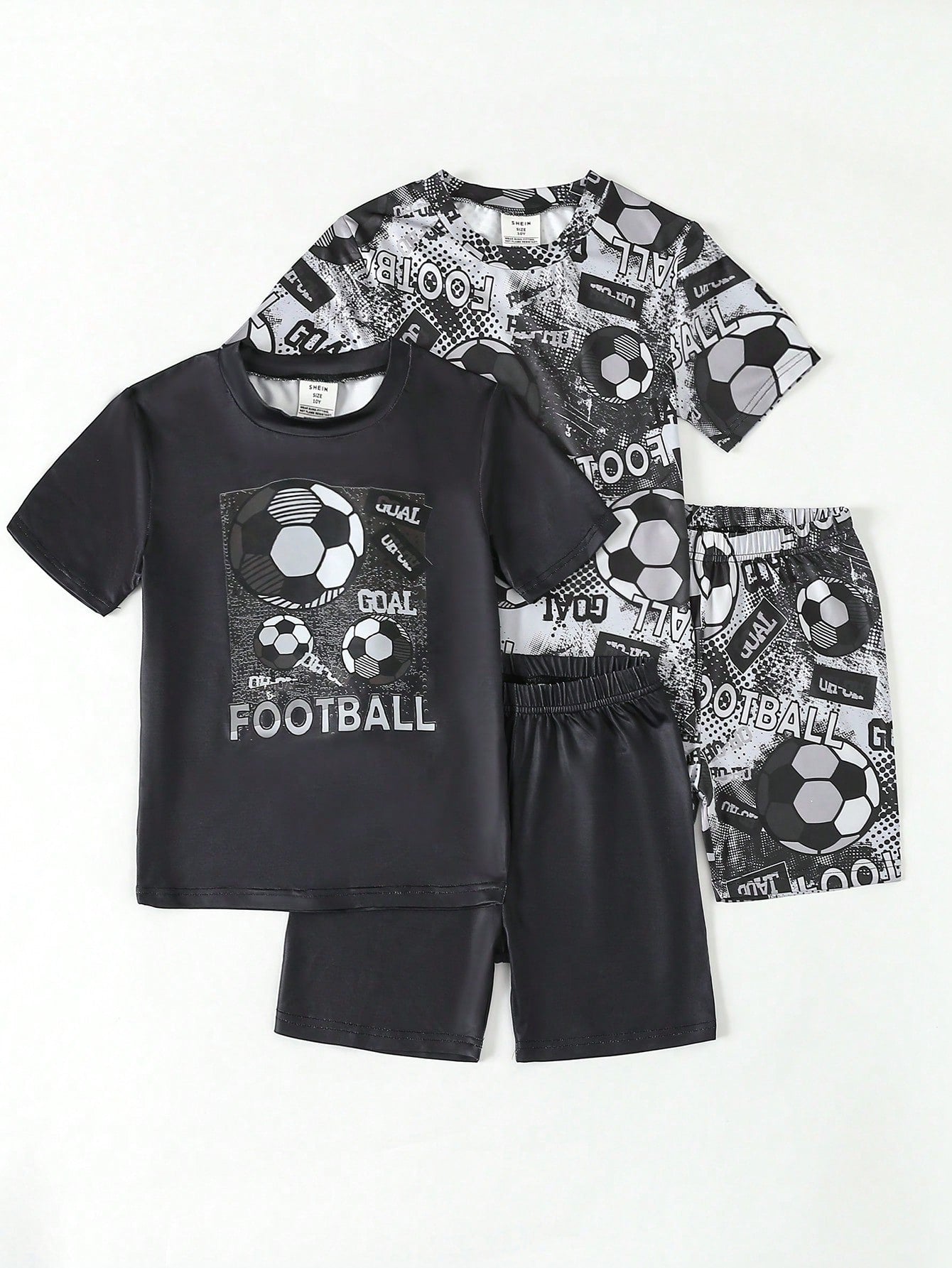 Tween Boy Dark Grey Simple Sport Football Printed Round Neck Short Sleeve Top Matching Shorts, Casual 2PCS Home Wear Outfit