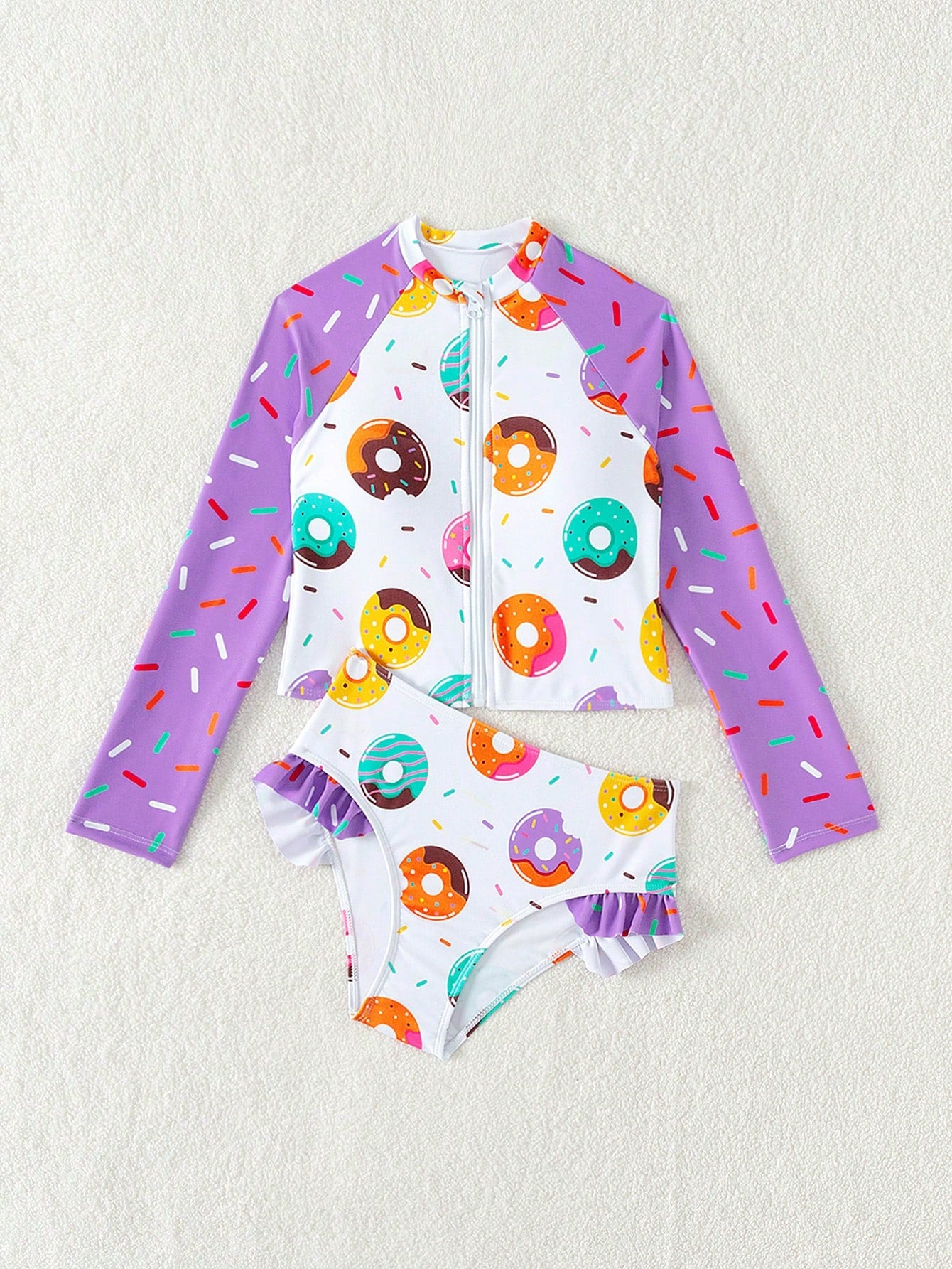 Tween Girl Color Block Donut Print Swimsuit Set