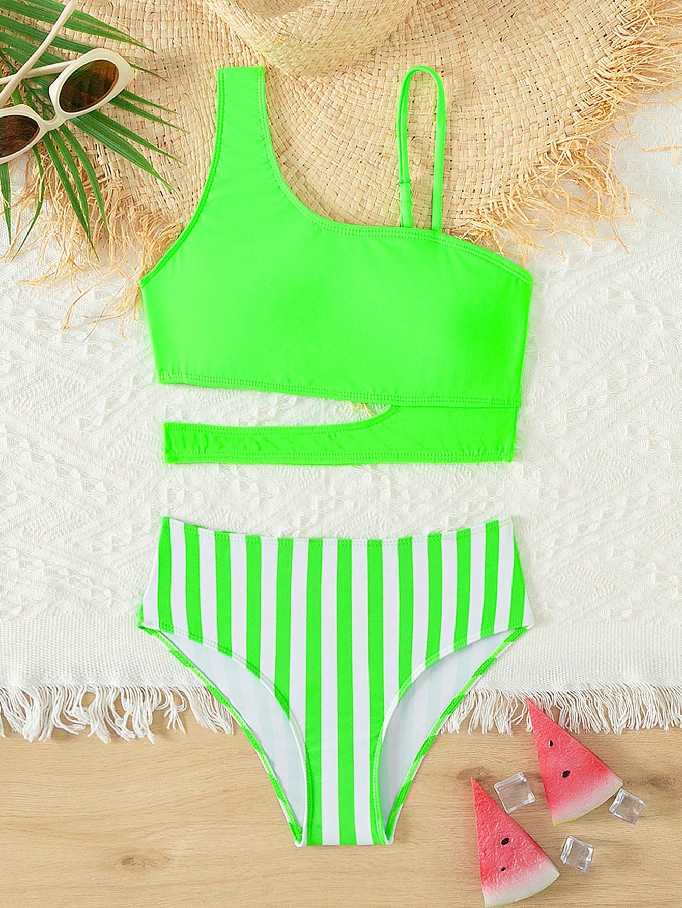 Tween Girl Striped Cut Out Asymmetrical Neck Cut Out Bikini Set Summer Beach