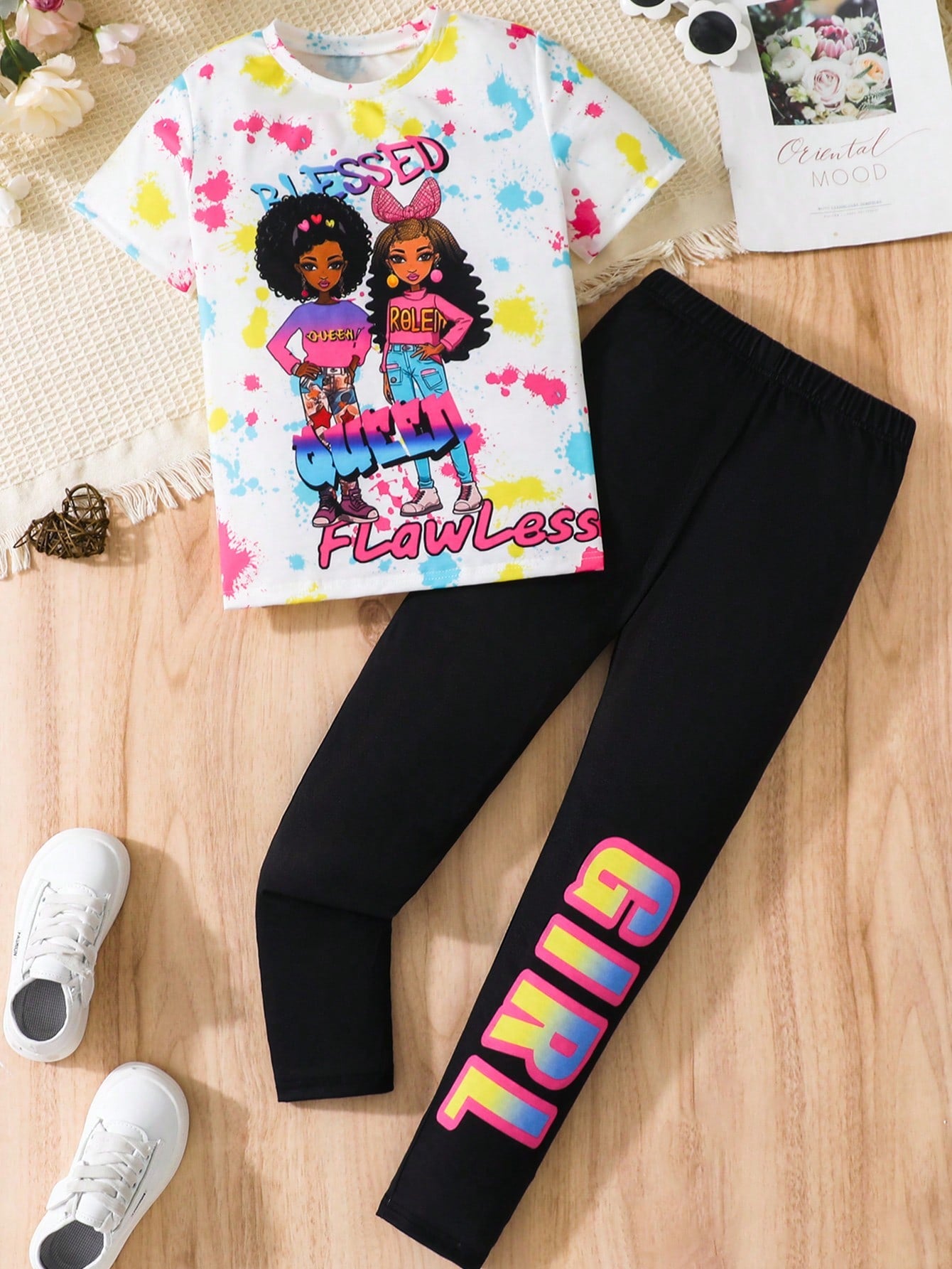 Streecool Kids Tween Girl Figure And Sparkle Ink Print Tee & Letter Print Legging