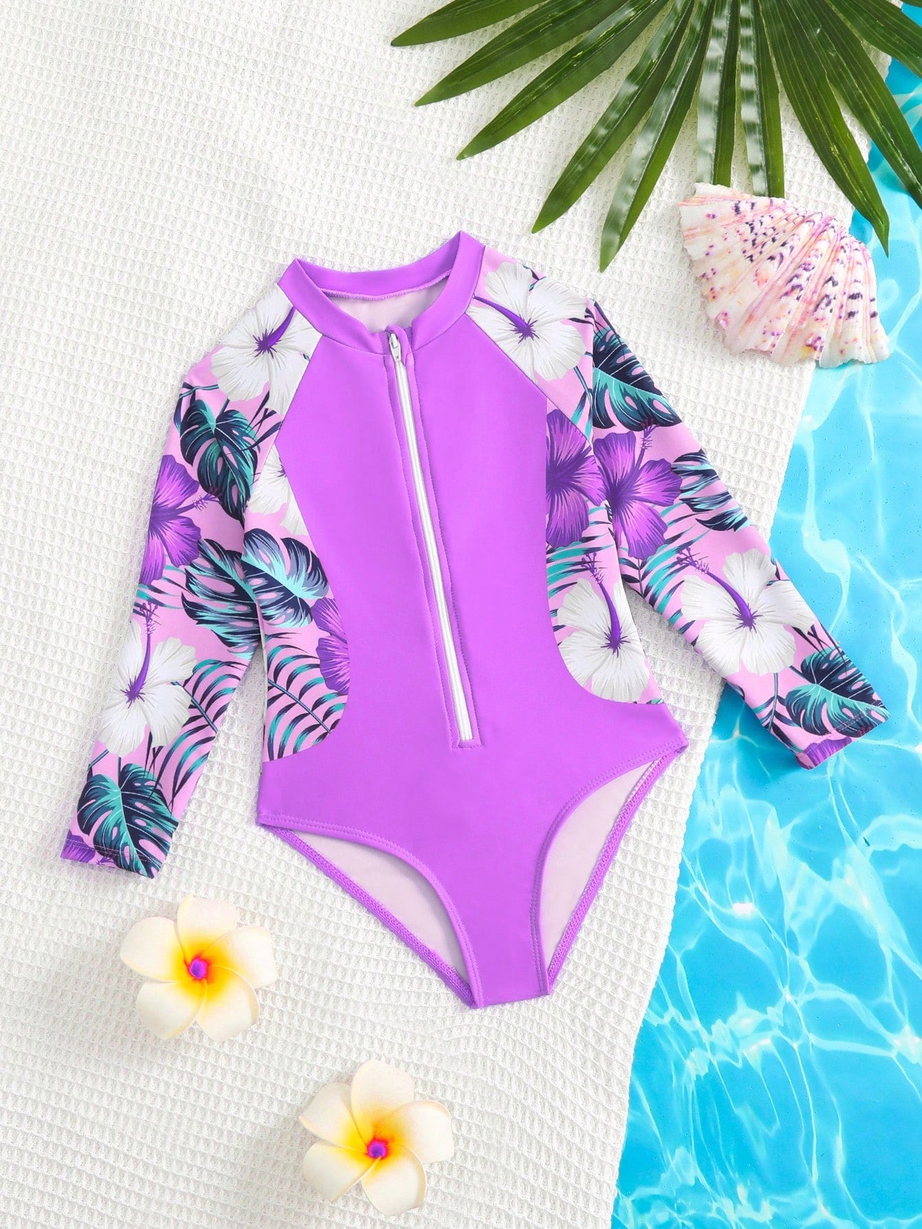 Young Girl One-Piece Tropical Plant Printed Rash Guard Swimsuit With Long Sleeves