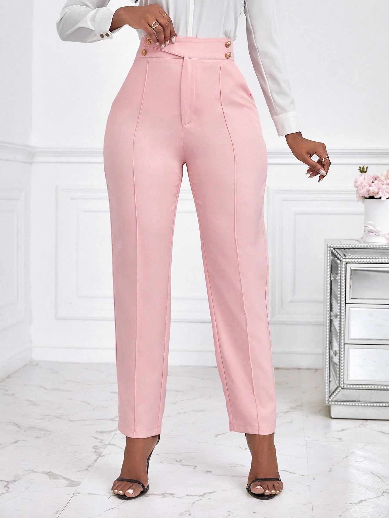 Lady Women Solid Color High Waist Casual Tapered Suit Pants