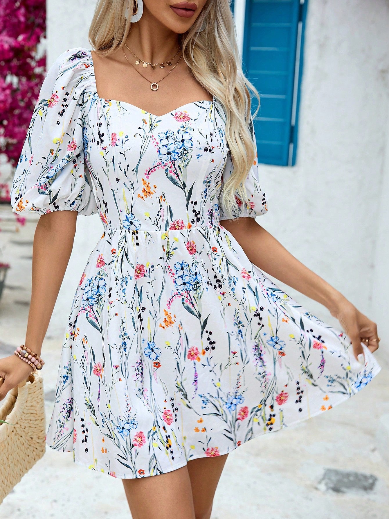 Women's Vacation Style Floral Printed Lantern Sleeve Dress