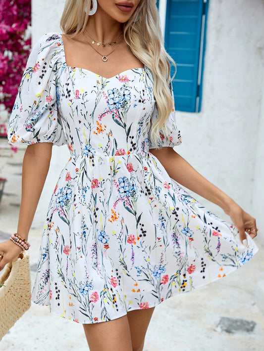 Women's Vacation Style Floral Printed Lantern Sleeve Dress