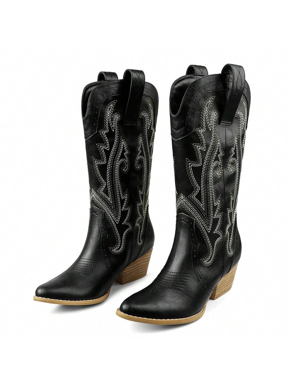 Zzheels Women Mid-Calf Cowboy Boots Pointy Toe Boots Embroidered Western Cowgirl Boots Chunky Heels