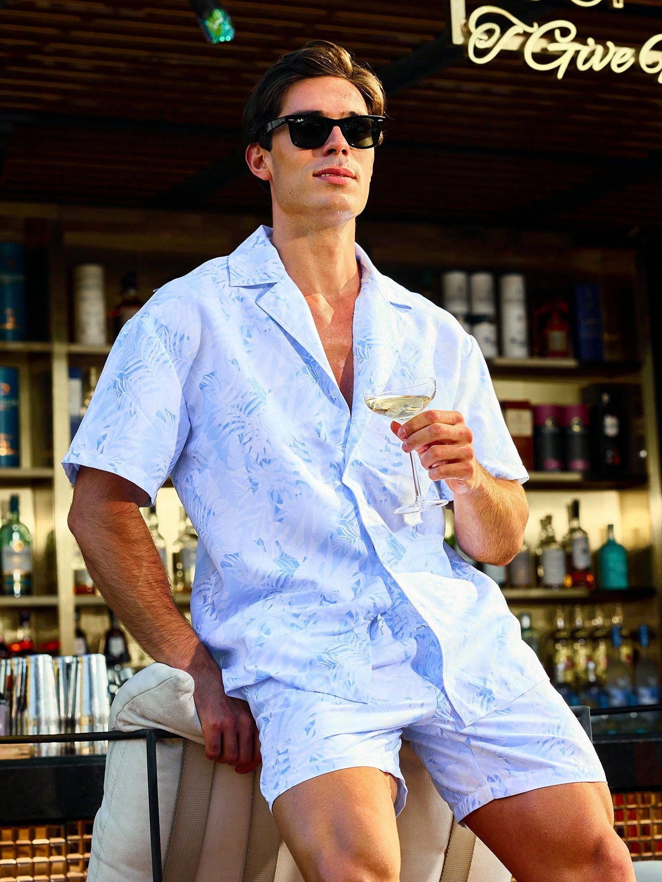 Men's Solid Color Short Sleeved Button-Up Top And Pocketed Drawstring Shorts Summer Beach Outfit