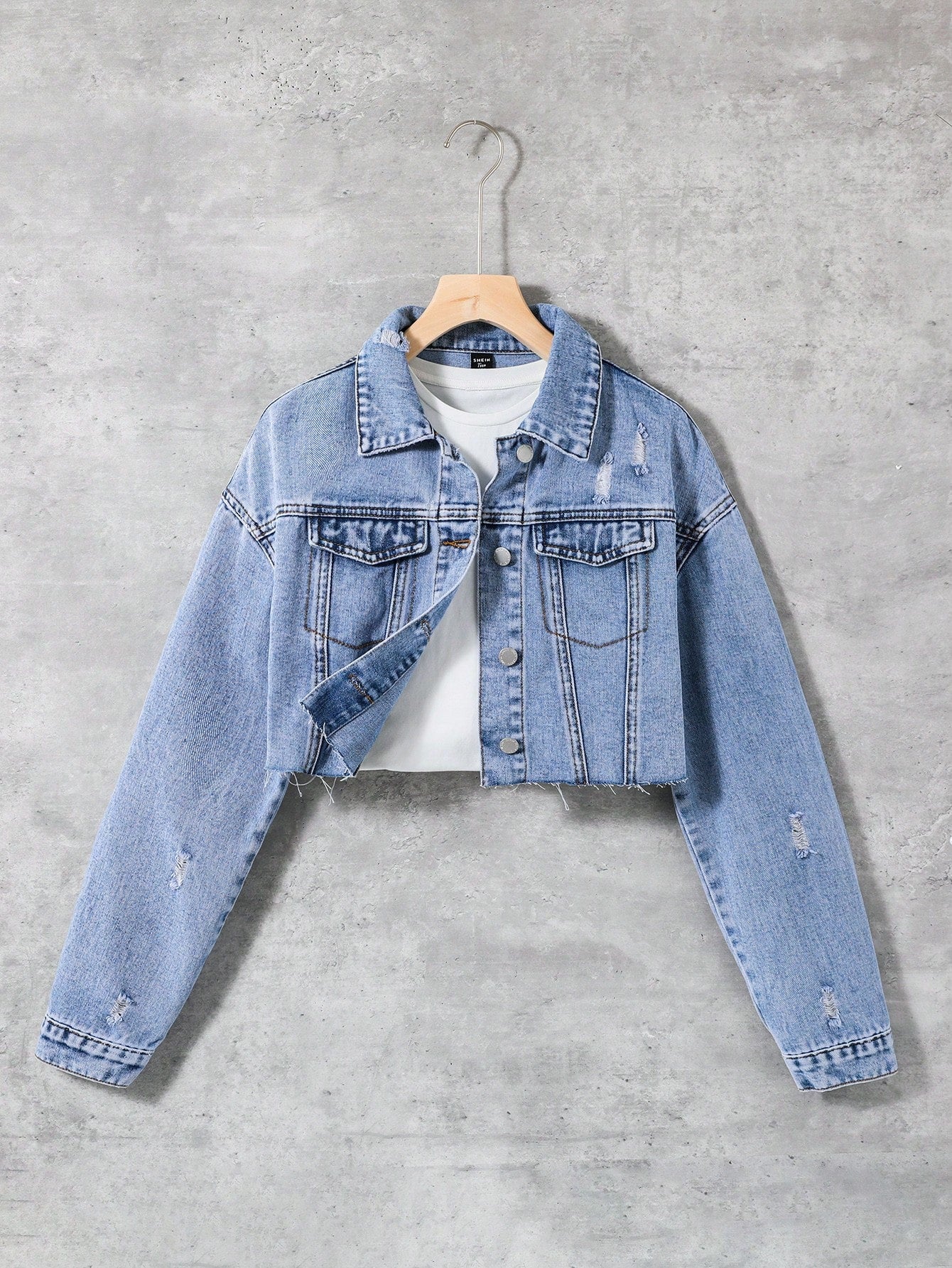 Teen Girl Ripped Flap Pocket Raw Hem Trim Button Crop Denim Jacket