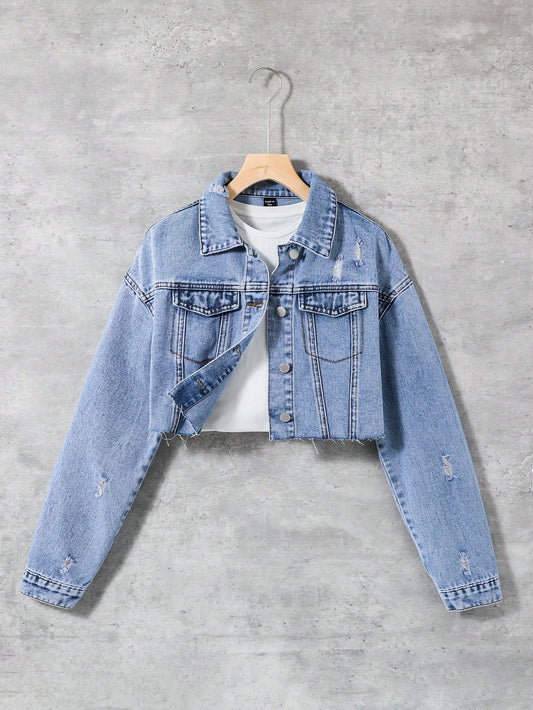 Teen Girl Ripped Flap Pocket Raw Hem Trim Button Crop Denim Jacket