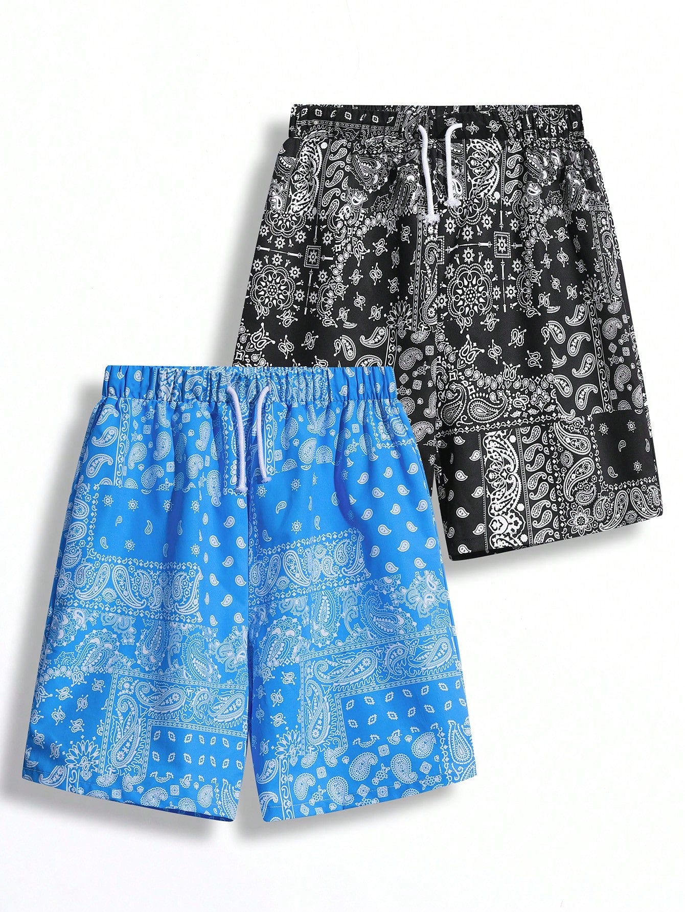 Teen Boys' Casual Fit Paisley  Pattern Full Print Shorts With Blue And Black Drawstring, Summer