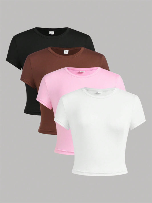 4pcs Short Knit Solid Color Tight-Fitting Crop Top T-Shirt Set For Teen Girls