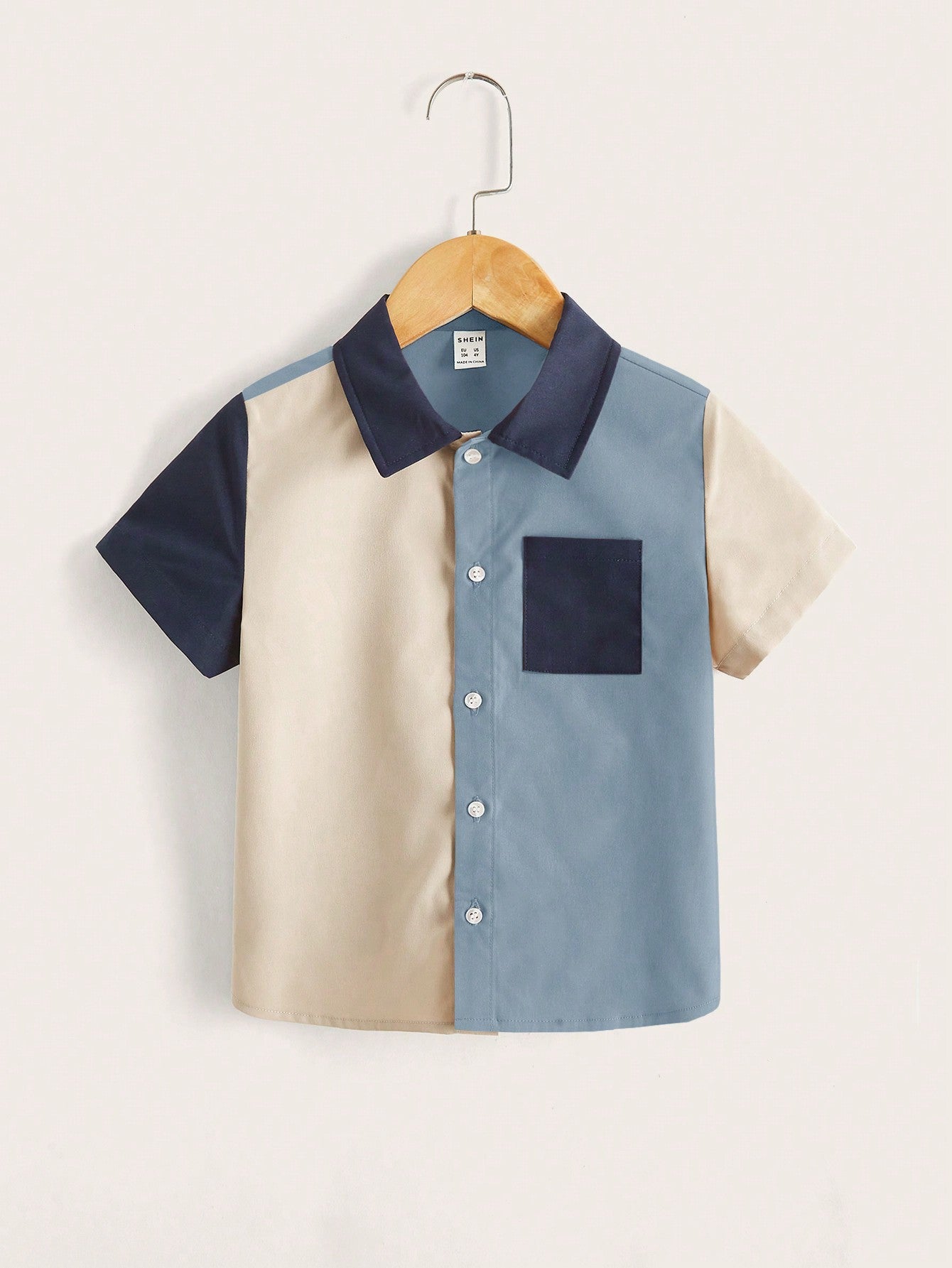 Young Boy Comfortable And Artistic Color Block Patchwork Button Front Shirt