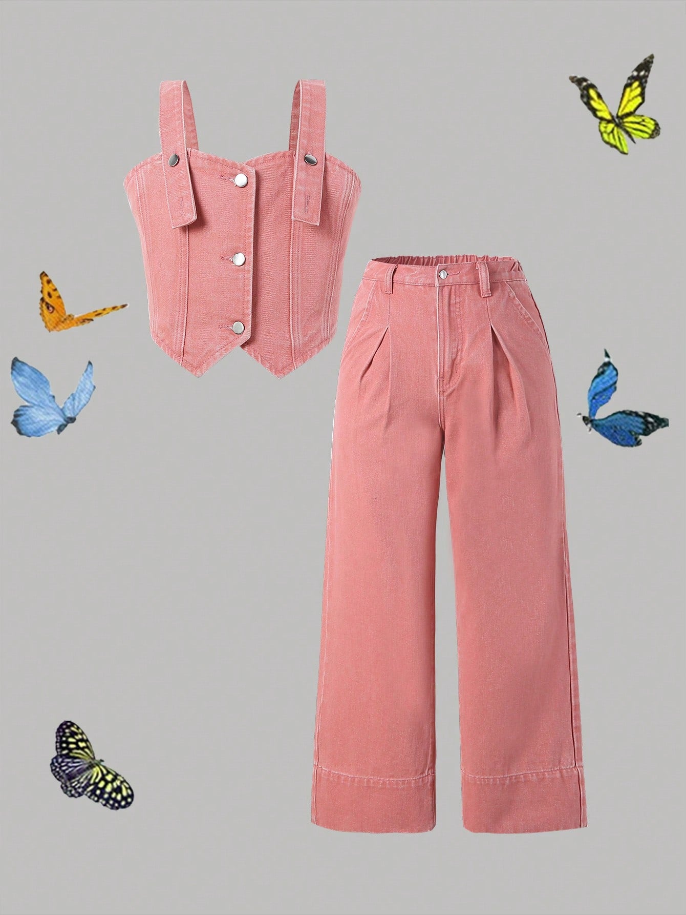 Tween Girl Dopamine Solid Color Summer Wide Strap Top & Jeans Two Piece Set