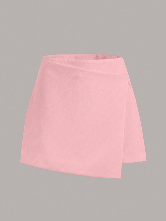 Solid Color Asymmetric Hem Skirt