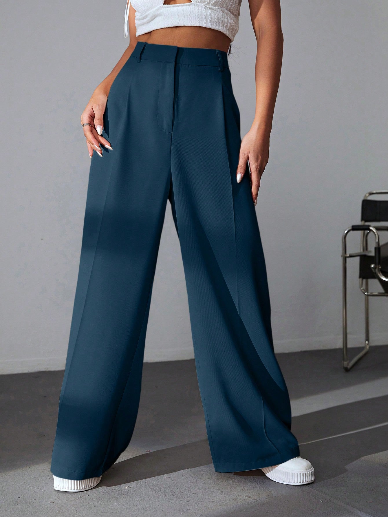 Solid Wide Leg Dress Pants