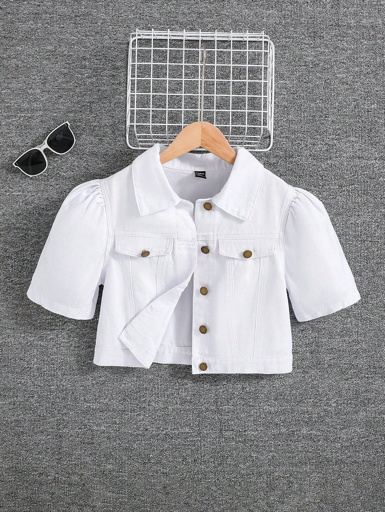 Girls Cropped Puff Sleeve Button-Front Flap Pocket White Denim Jeans Jacket,Kids Spring Summer Vacation Clothes