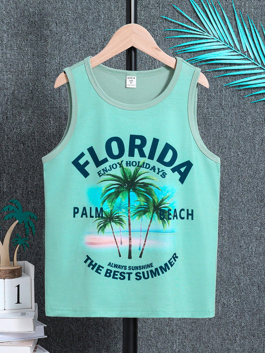 Tween Boy Coconut Tree And Letter Print Round Neck Sleeveless Top