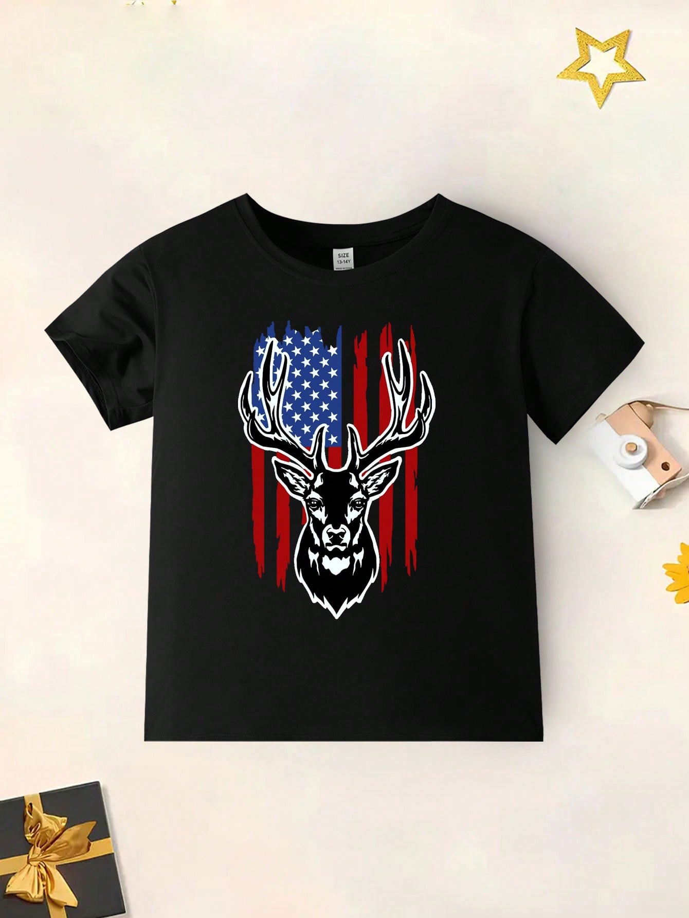 Young Boys' Stylish Antler & Flag Printed Round Neck T-Shirt, Spring/Summer