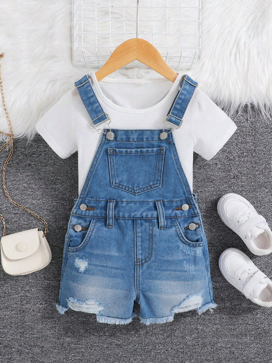 Young Girl's Washed, Distressed, Pocketed, Casual And Fashionable Denim Overalls