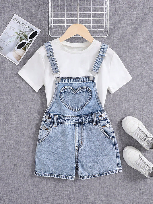 Tween Girls' Y2K  Heart Patched Denim Overall Romper Without Tee,Spring And Summer Boho Denim Romper Outfits