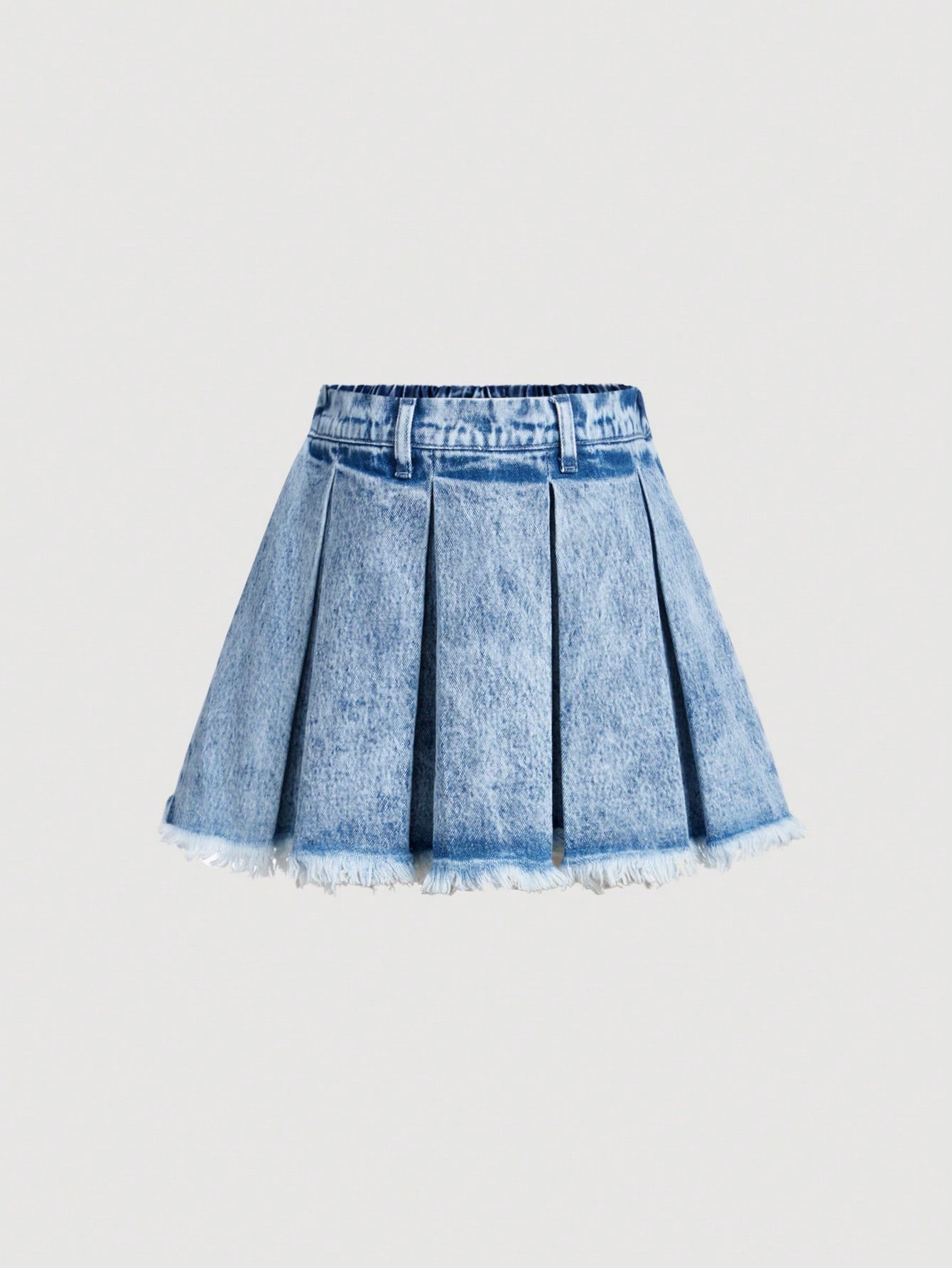 Tween Girl New Fashionable, Cute, Comfortable, High Waisted, Washed, Pleated, Fringed Denim Skirt