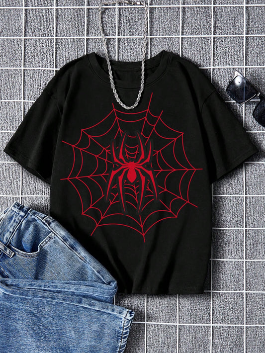 Tween Boy Loose-Fitting Spider Print T-Shirt, Suitable For Summer