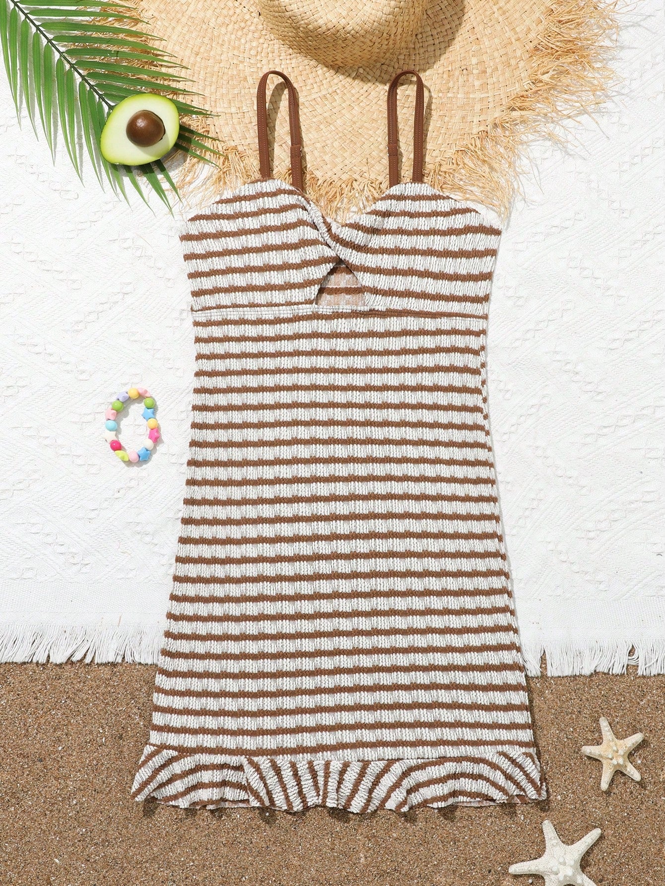 Tween Girl White Background Brown Stripe Splice Bodycon Sleeveless Jumpsuit, Mommy And Me Matching Outfits (2 Pieces Sold Separately)