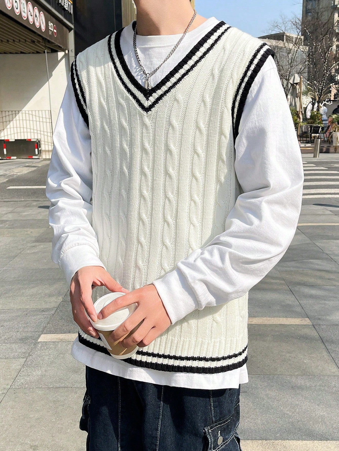 Men's Casual Colorblock Trim Knit Sweater Vest, Spring & Autumn