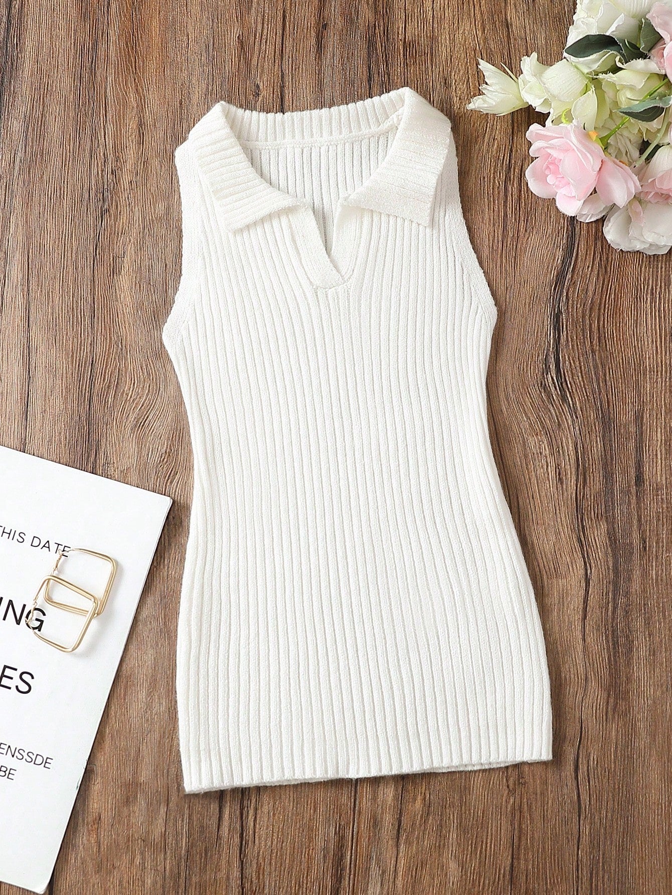 Young Girl Simple Casual Turn-Down Collar Ribbed Dress For Spring And Summer