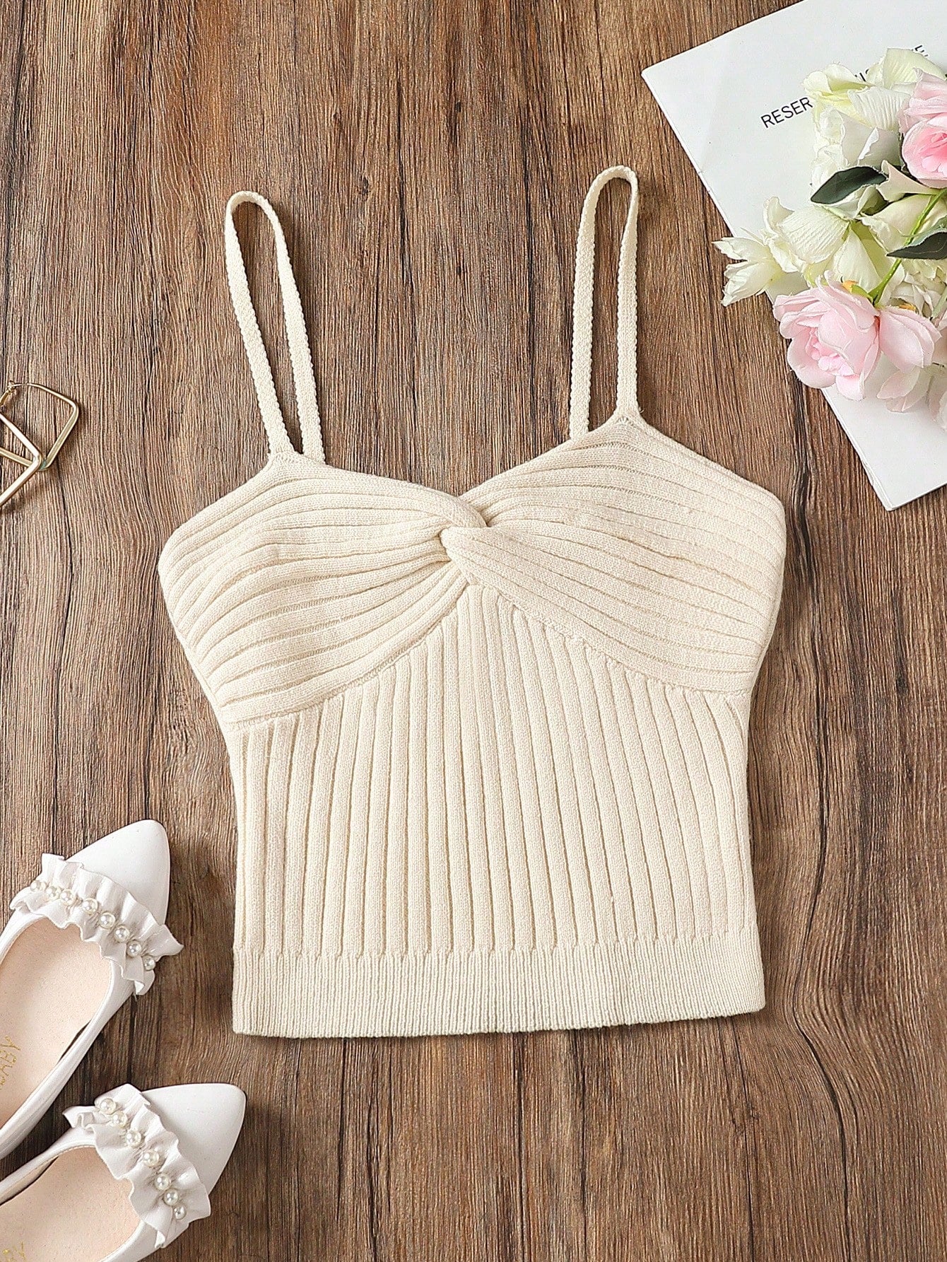 Teen Girl Short Ribbed Knit Twist Strap Tank Top, Spring & Summer