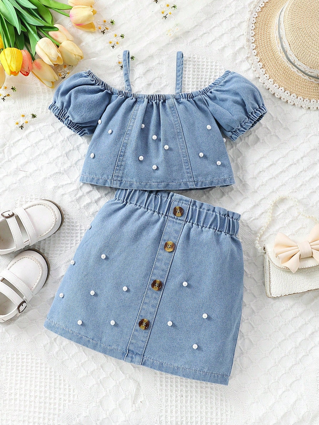 Young Girl Cute Street Beading Detail Elastic Fastening Camisole Top&Fully Elastic Waist Skirt With Button Front Denim Two Piece Set