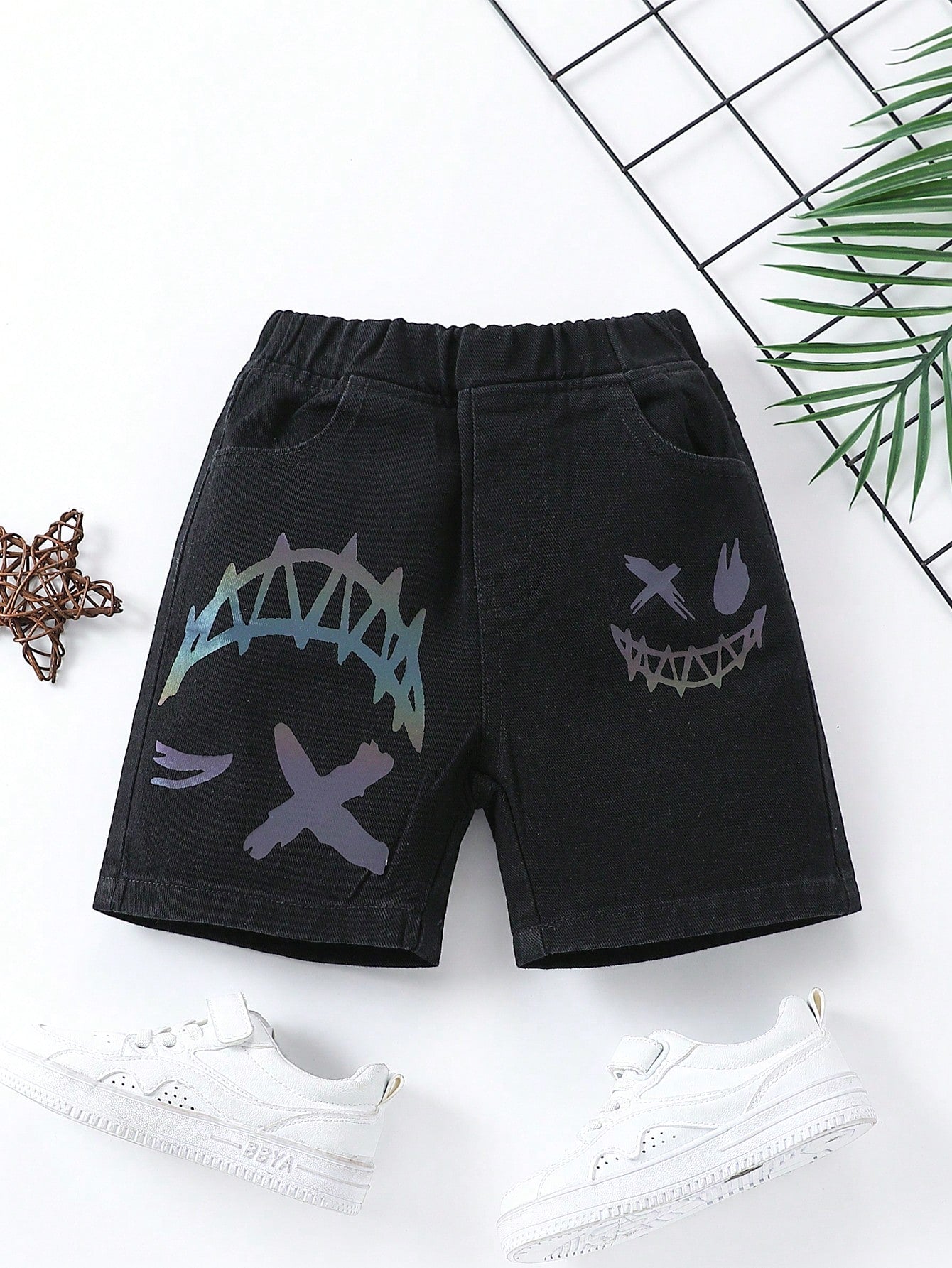 Young Boys' Basic Casual Night Glow Print Elastic Waist Loose Fit Black Denim Shorts