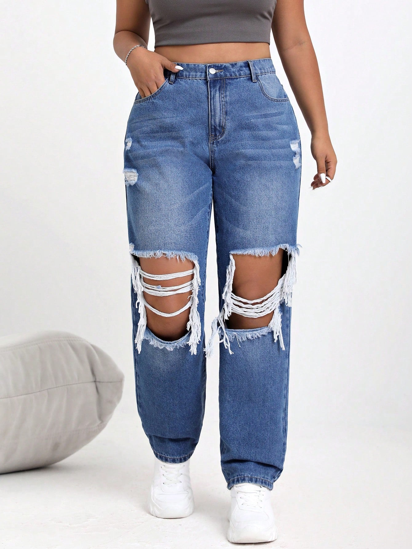 Plus Size Women's Distressed Denim Pants With Pockets