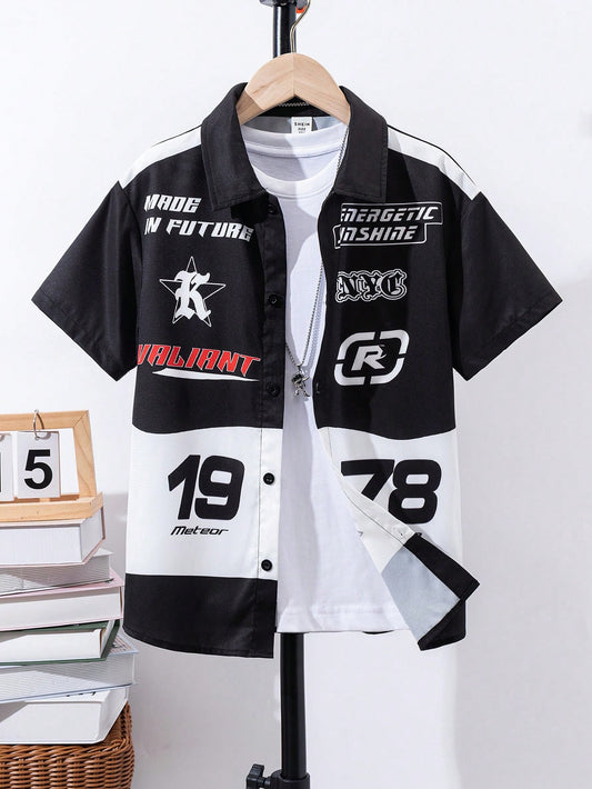 Tween Boy Loose Fit Black & White Color Block Sports Racing Theme Pattern Collared Short Sleeve Shirt