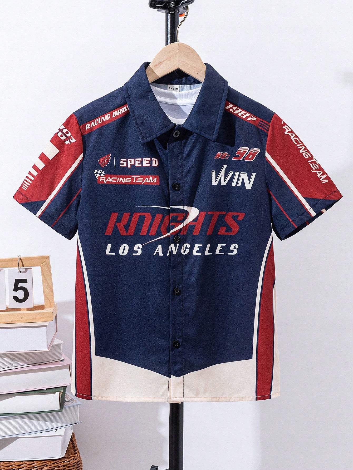 Tween Boy Loose Fit Short Sleeve Shirt With Racing Elements Pattern And Turn-Down Collar