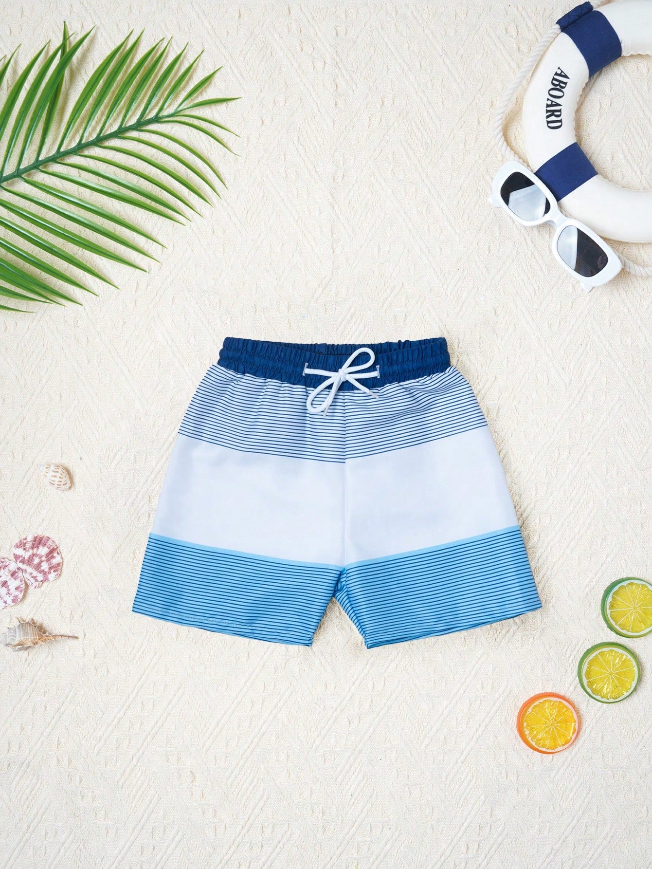 Young Boy Striped Colorblock Drawstring Waist Swim Shorts