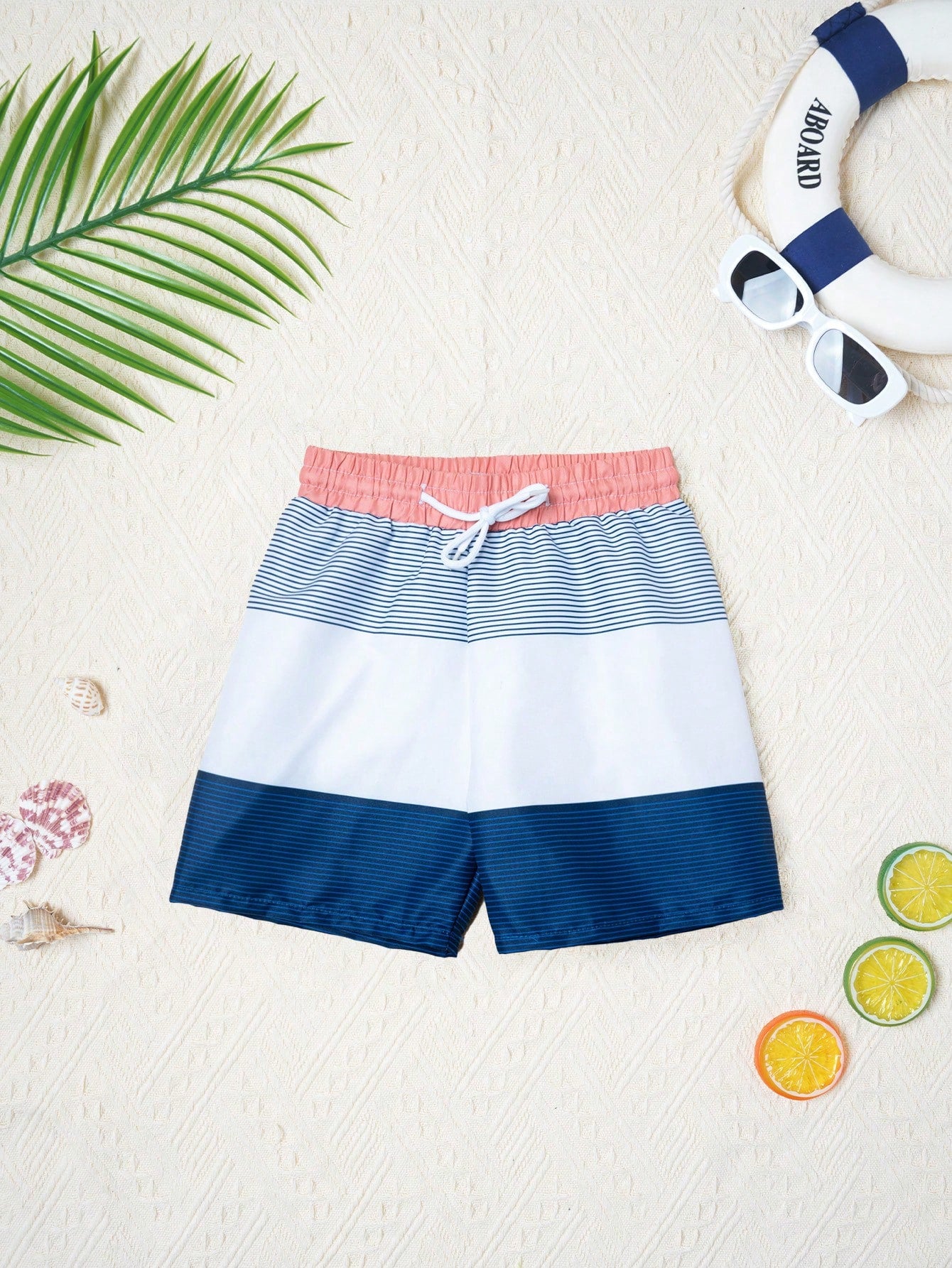 Young Boy Striped Colorblock Drawstring Waist Swim Shorts