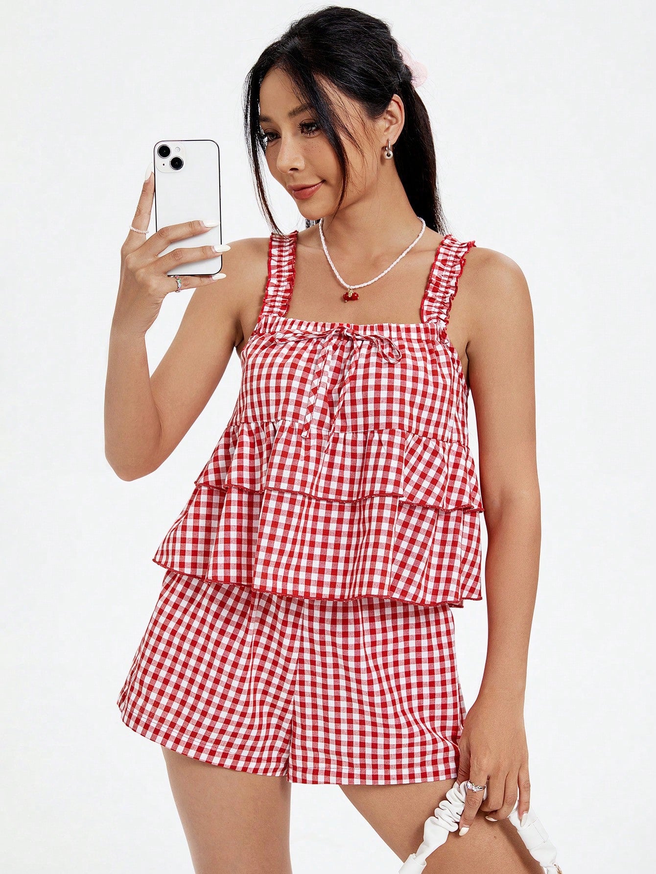 Women's Gingham Pattern Ruffle Hem Cami Top And Shorts Set