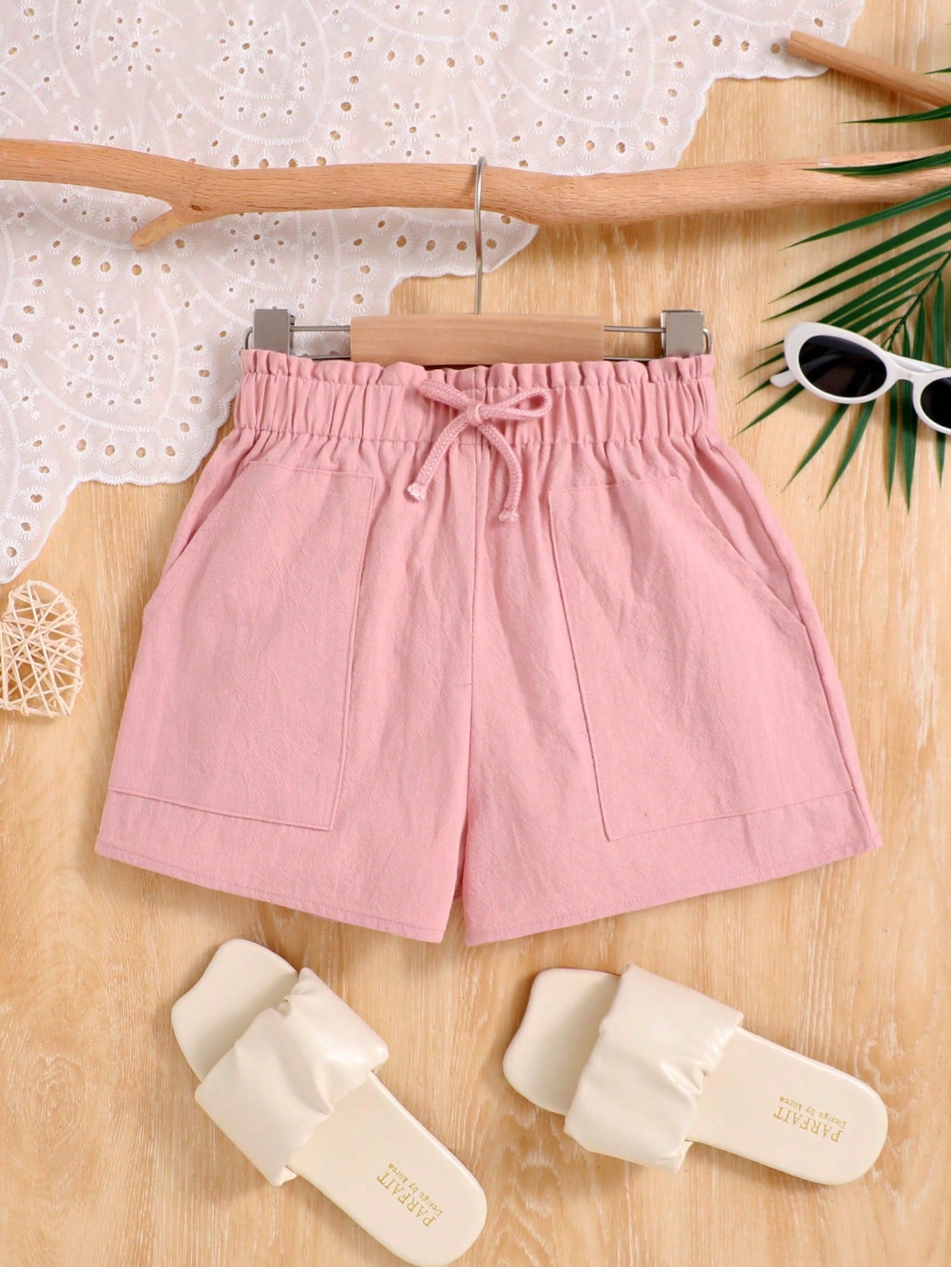 Tween Girl Casual Elastic Waistband With Bowknot And Pockets Shorts In Plain For Summer