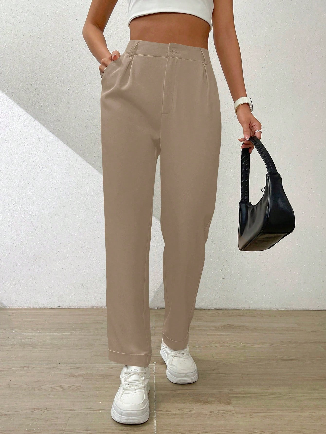 Solid Fold Pleated Slant Pocket Pants