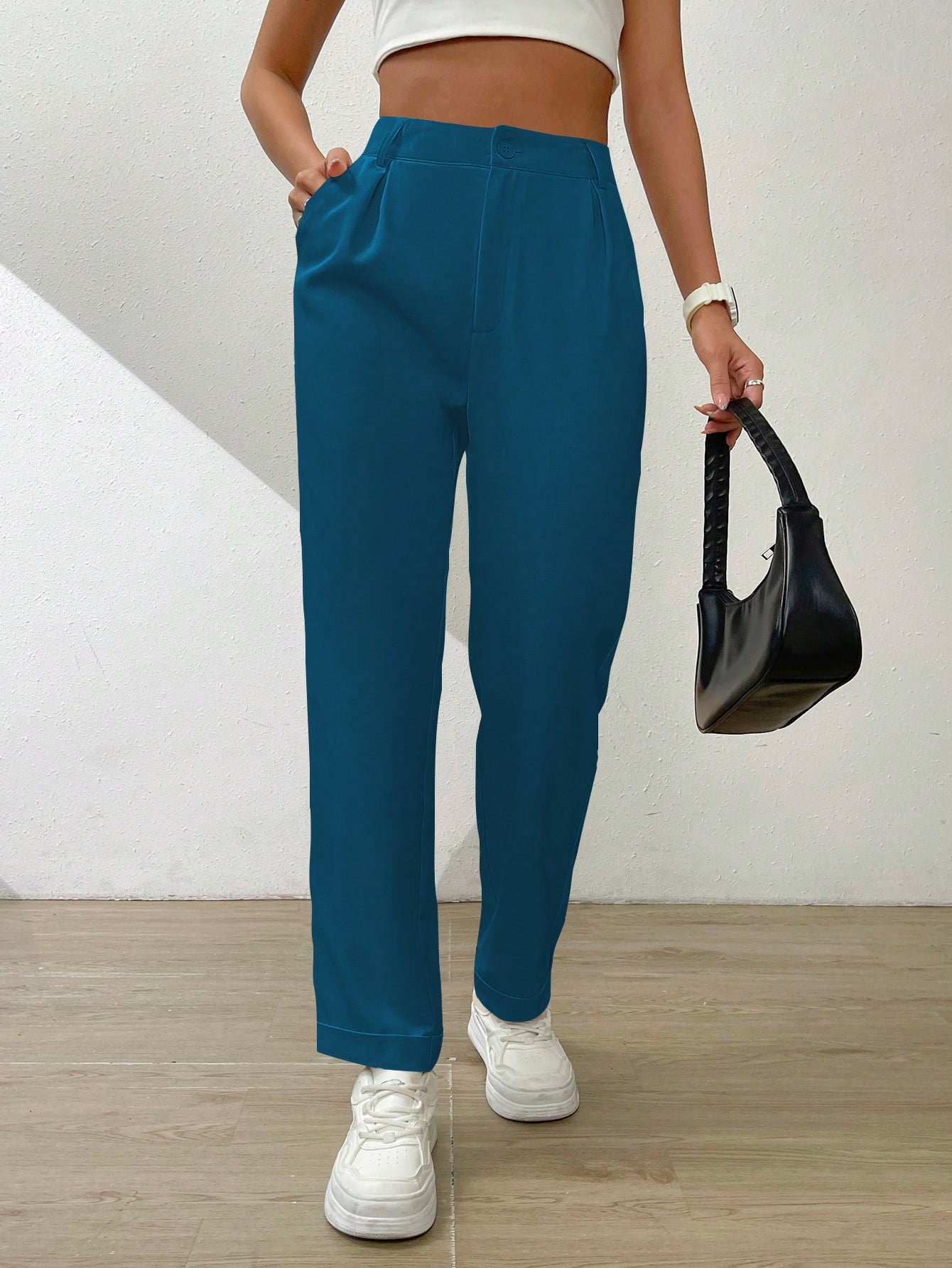 Solid Fold Pleated Slant Pocket Pants