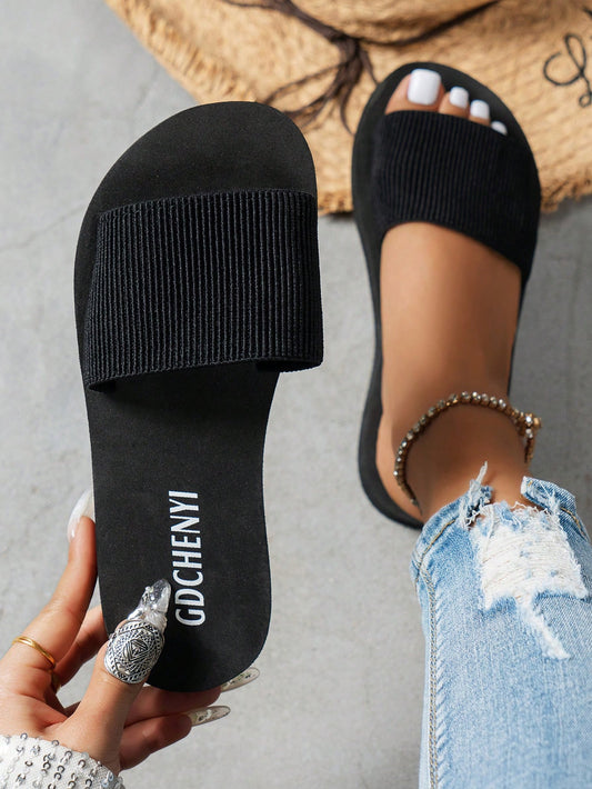 Summer & Autumn New Arrivals: Elastic Band Casual Slippers, Black, Eva Plastic, Beach, Lightweight, Comfortable, Simple Style And Fashionable, One Band Slipper For Home Use