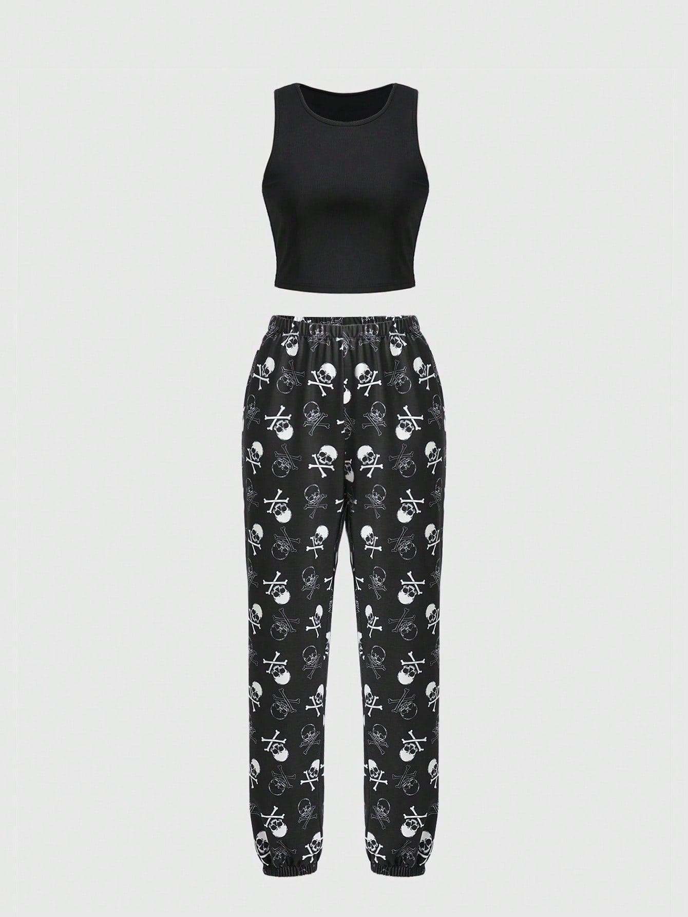 Punk Casual Skeleton Print Elastic Waist Wide Leg Pants And Solid Color Ribbed Tank Top Womens 2 Piece Set