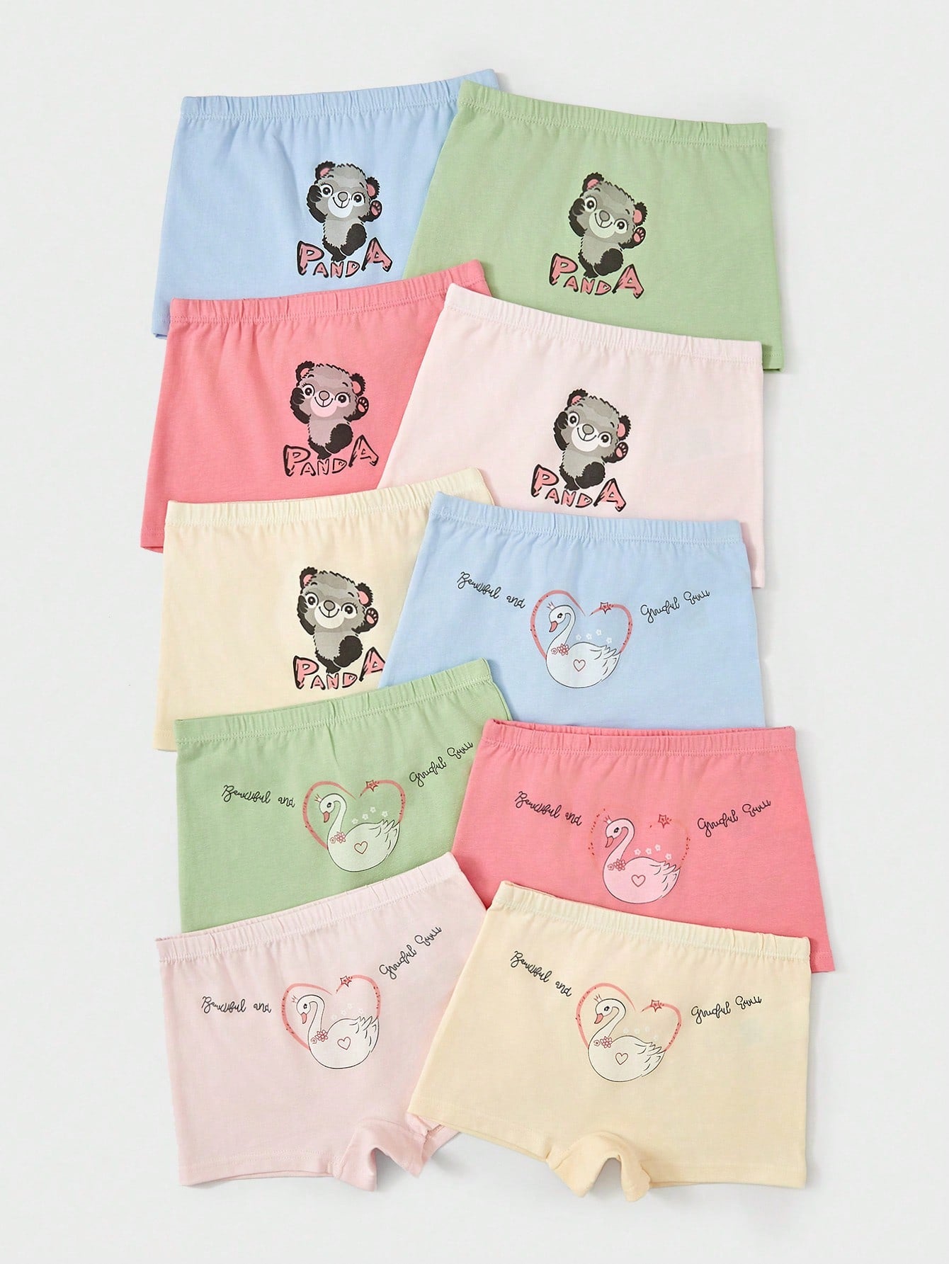 10pcs/Pack Young Girls' Cute Bear And Swan Printed Boxer Shorts