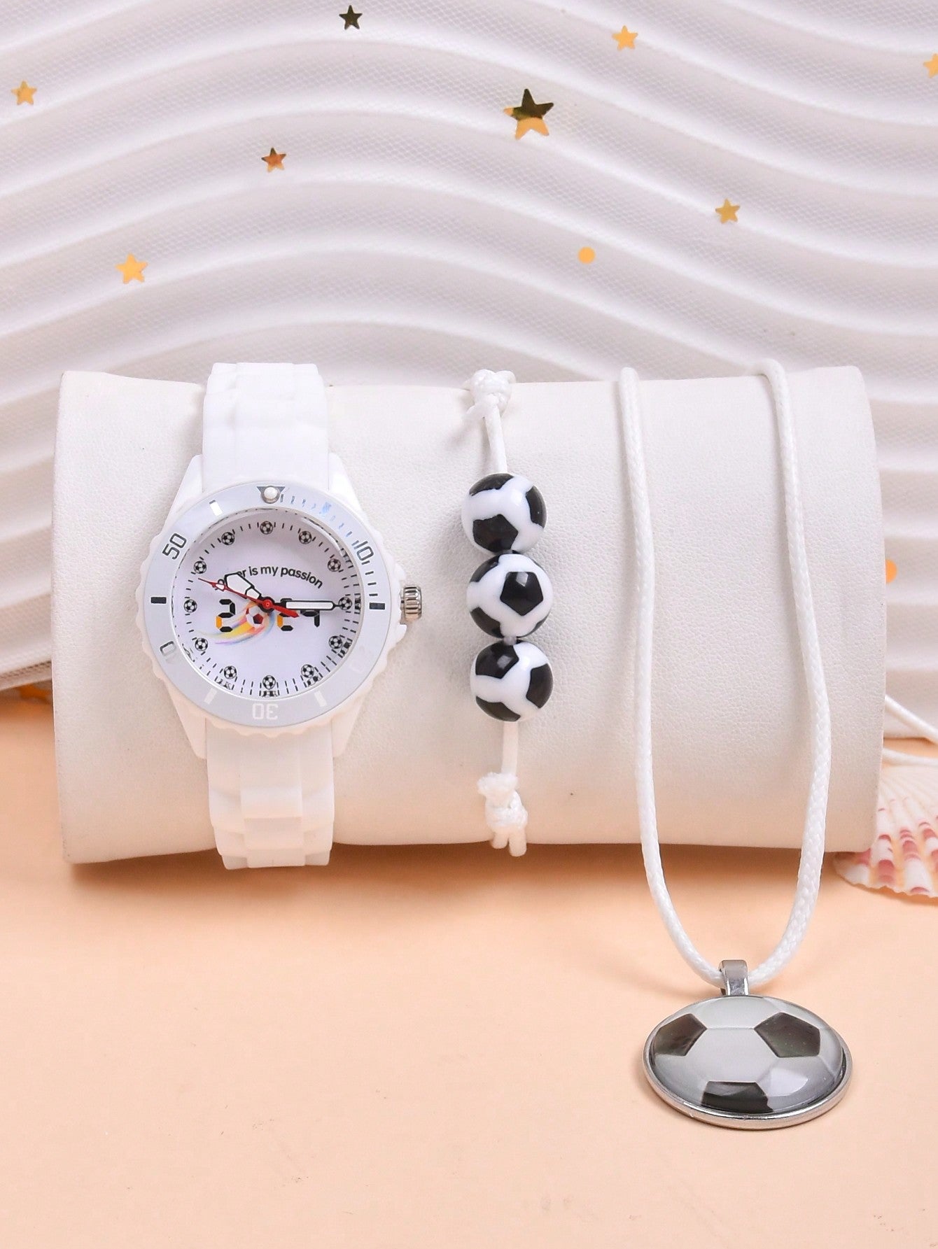 Kids Soccer Dial Quartz Watch & 1pc Bracelet & 1pc Necklace